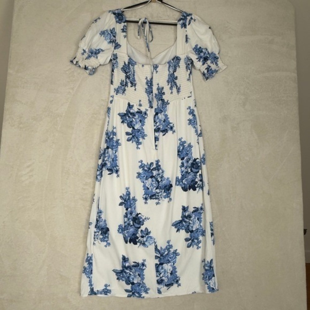 Linen Blend Blue Floral Puff Sleeve Midi Dress Cottagecore Milkmaid Garden Party - Picture 2 of 8